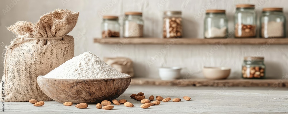 A bowl of flour and a burlap sack on a wooden table with jars of ingredients in the background. A bowl of flour and a burlap sack on a wooden table with jars of ingredients in the background.