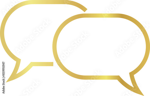 Two overlapping 3x2 aspect ratio oval gold metallic speech bubbles. Blank outline talk balloons with distinctive curved tails on transparent background. 
