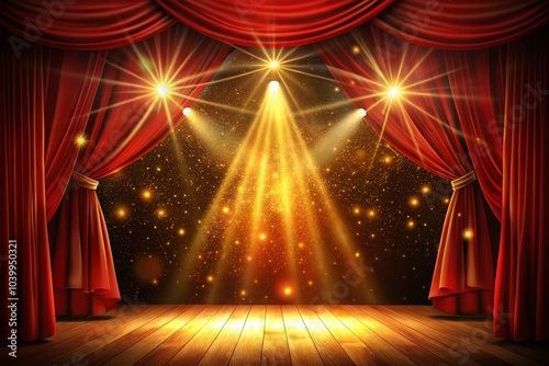 Elegant Theater Stage with Red Curtain and Spotlight for Concert Invitation and Show Poster photo