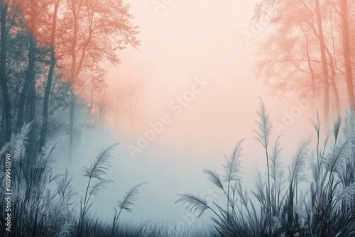 natural line art, simple forest line drawing surrounded by wild grasses on a pastel background for a serene scene in minimalist style