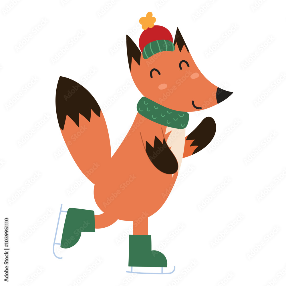 Obraz premium Cute fox in a winter hat ice skating. Adorable forest character isolated on white background. Woodland animal in cartoon style for kids design. Vector illustration