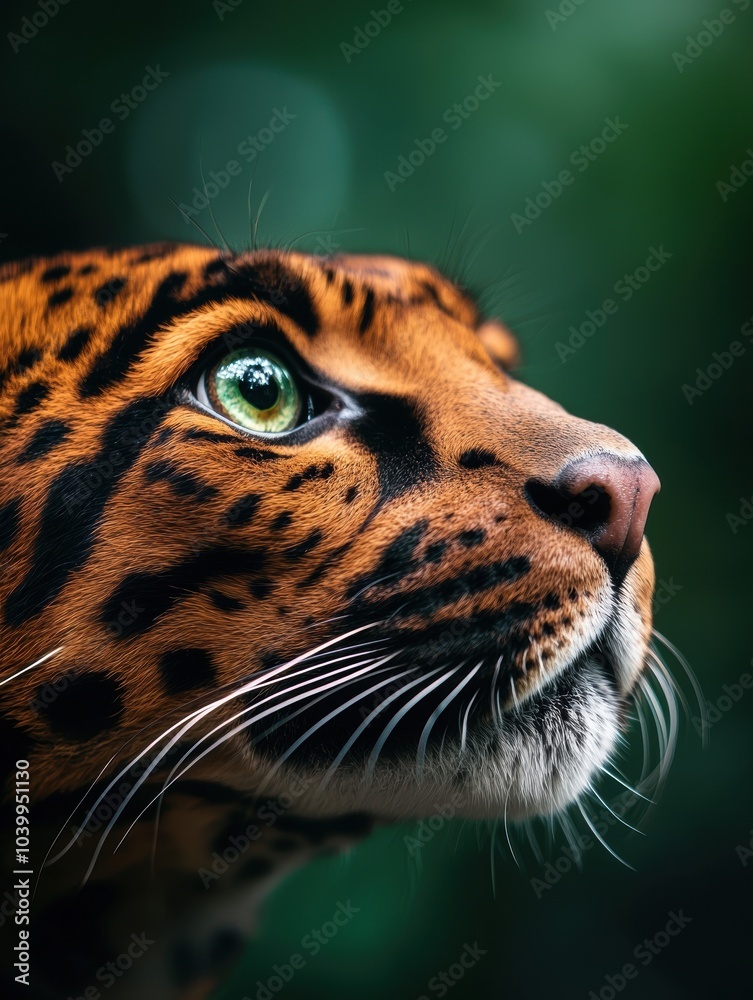 Naklejka premium Close-up of a jaguar's face with striking green eyes and unique fur patterns, capturing the essence of wildlife.