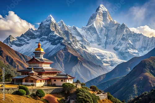 Close-up view of Ama Dablam mountain with Tengboche Monastery in the saddle