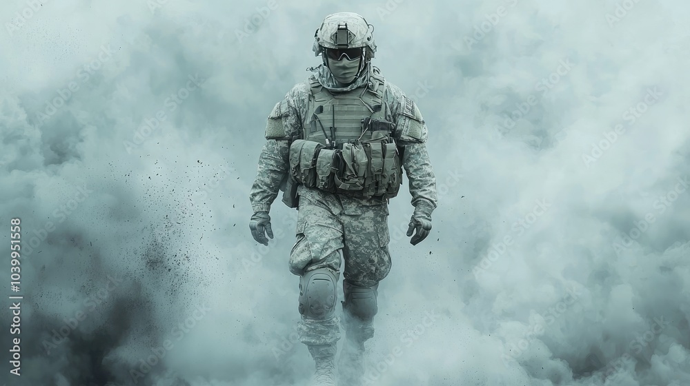 A soldier in full gear walks through smoke and dust on a battlefield. A soldier in full gear walks through smoke and dust on a battlefield.