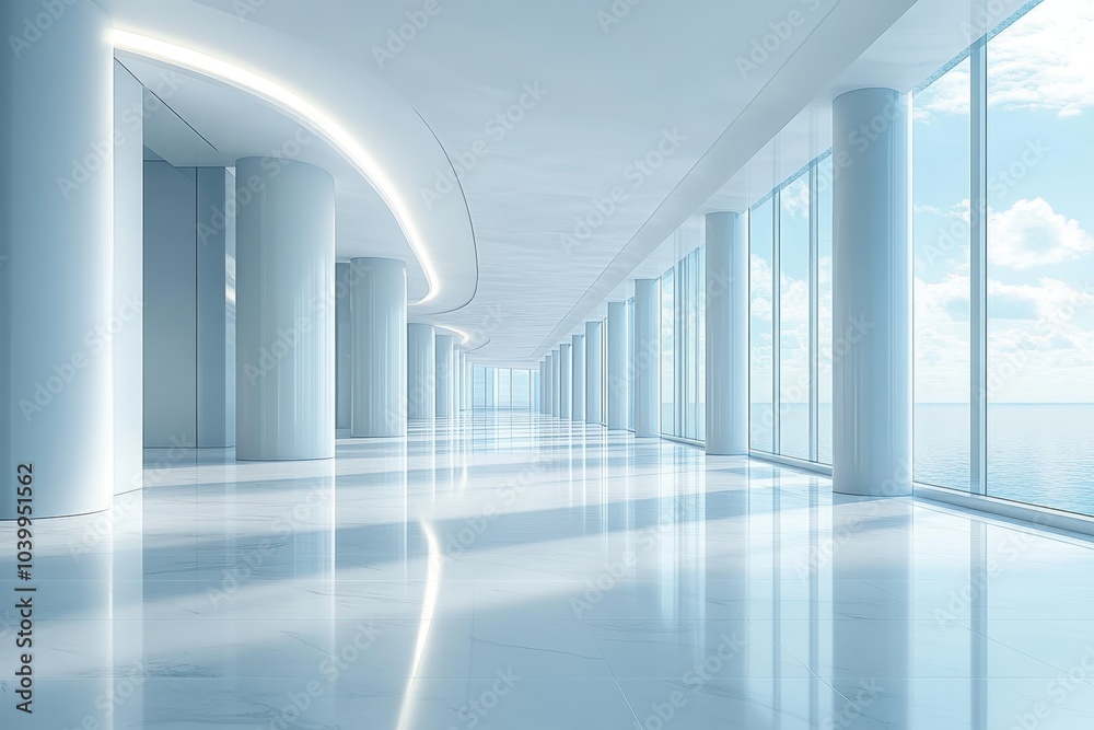 Modern spacious corridor with large windows and reflective marble floors overlooking the ocean Modern spacious corridor with large windows and reflective marble floors overlooking the ocean