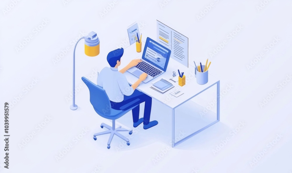 simple Isometric infographic of a businesspersonsitting at a desk, working with laptop and marketing materials. simple Isometric infographic of a businesspersonsitting at a desk, working with laptop and marketing materials.
