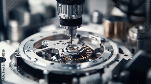 A high-tech robotic system performing detailed quality control on luxury watches in a clean, sophisticated workshop, modern and precise environment with a focus on high-end craftsmanship