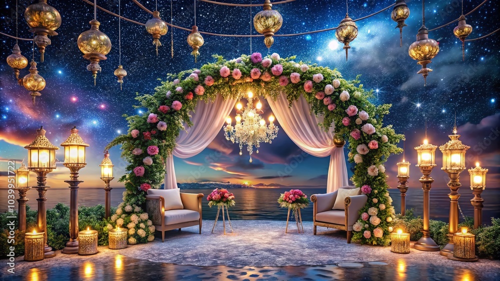 Fototapeta premium Elegant Wedding Invitation Design with Classic Ornaments and Night Photography Elements