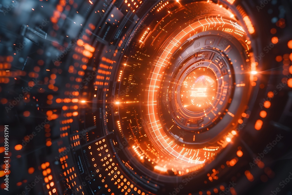 Obraz premium Futuristic Digital Tunnel with Glowing Orange Circuits and Data Streams