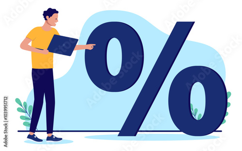 Percentage sign and person - Man with laptop computer standing pointing at percent symbol calculating financial work finances, growth, tax or budget related numbers. Flat design vector illustration