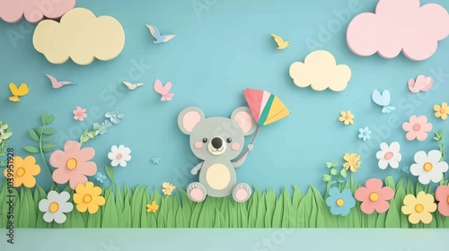 Cute koala bear holding a kite in a paper cut out style landscape.