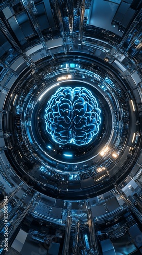 Futuristic digital brain hologram surrounded by high-tech circular interface, symbolizing artificial intelligence and advanced neural network technology.