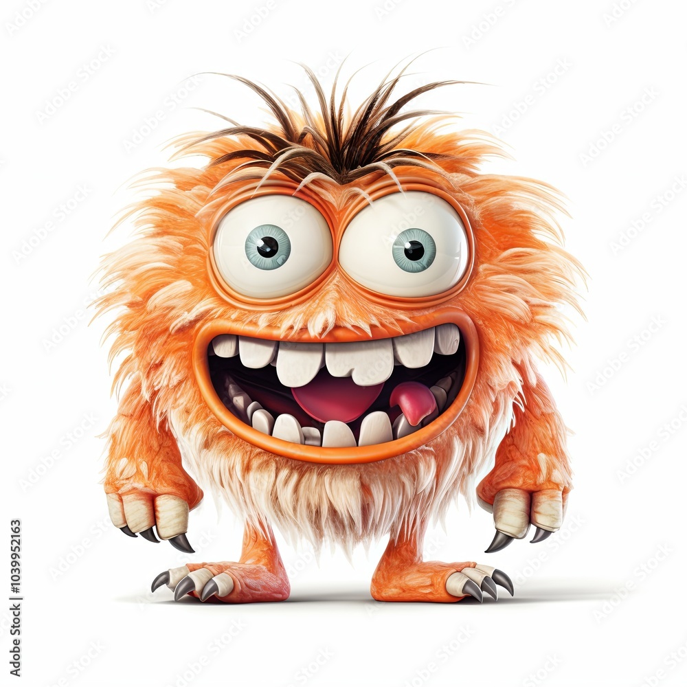 Orange furry monster with large eyes, teeth, and messy hair on white background. Orange furry monster with large eyes, teeth, and messy hair on white background.