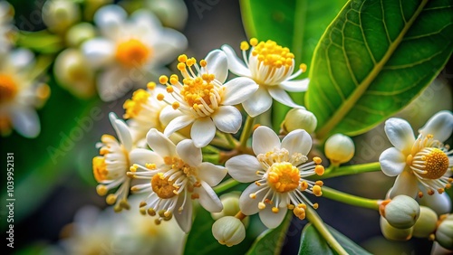 Elegant White Calophyllum Inflorescence with Yellow Pollen Against Lush Green Background for Fashion Photography