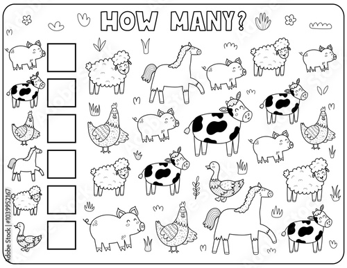 How many black and white activity page for kids with cute farm animals. Count the number of pig, cow, hen, horse and more. Puzzle game in outline for school and preschool. Vector illustration