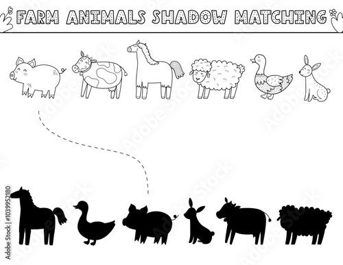 Find the correct shadow black and white activity page with cute farm animals. Farm characters matching game in outline for kids. Search the silhouette puzzle. Vector illustration
