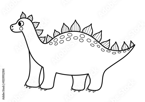 Cute black and white stegosaurus in cartoon style isolated element. Funny dinosaur of jurassic period for kids design. Prehistorical dino clipart in outline. Vector illustration 