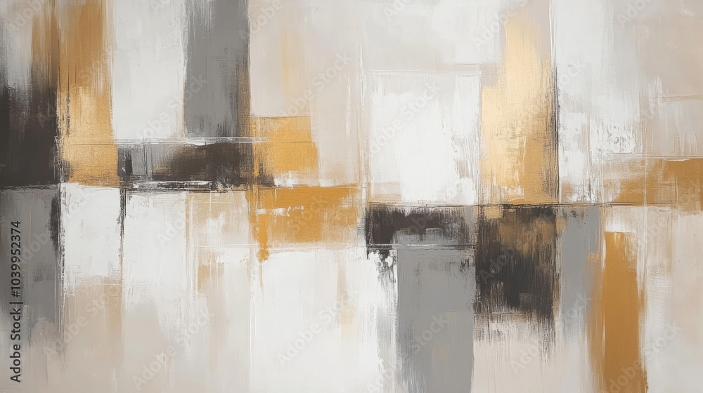 Abstract modern painting with white backdrop, mixing light and dark tones, squares and rectangles in gray and gold shades. Abstract modern painting with white backdrop, mixing light and dark tones, squares and rectangles in gray and gold shades.