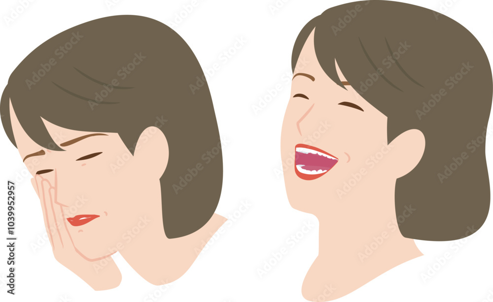 歯が痛く頬を抑える女性とと健康な歯の笑顔の女性のイラスト
