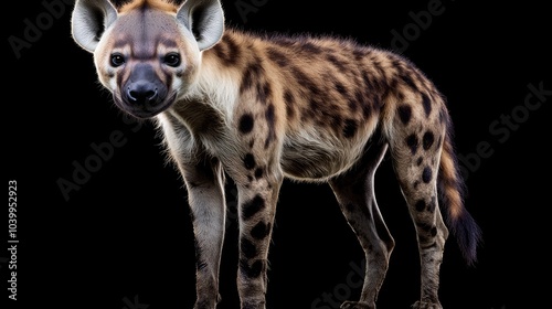 A spotted hyena with a curious expression stands on a black background.