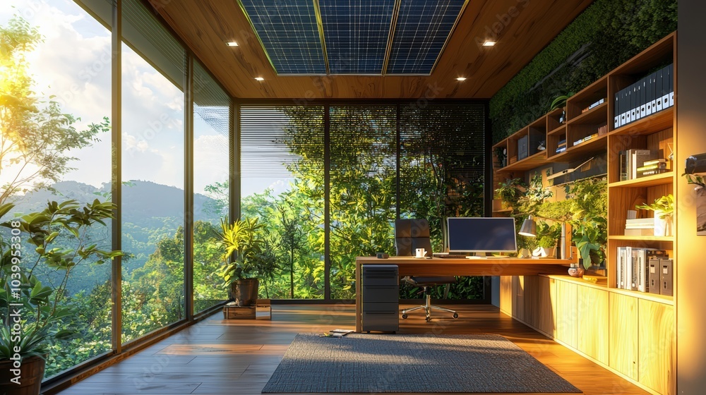 A modern office with a large window overlooking a lush green forest A modern office with a large window overlooking a lush green forest