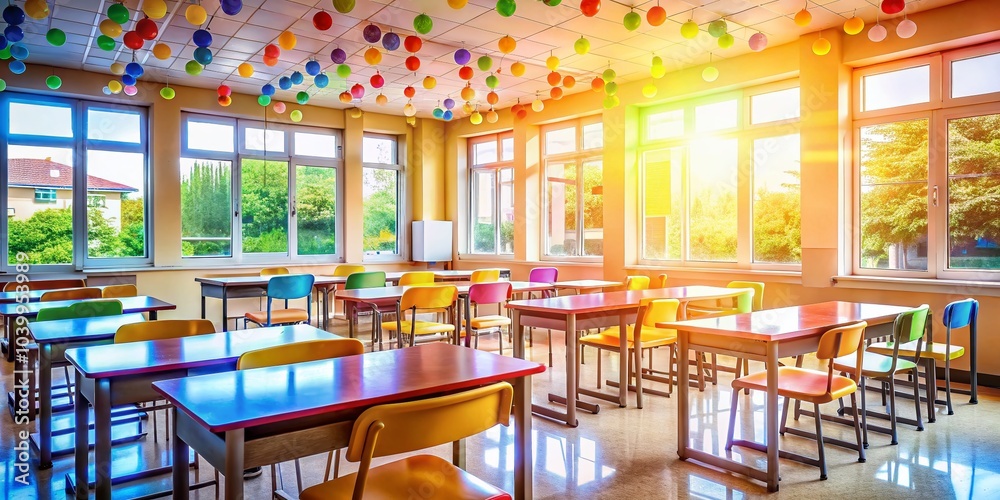 Fototapeta premium Empty Classroom Preparation in Asian Elementary School with Bokeh Effect for Engaging Learning Environment