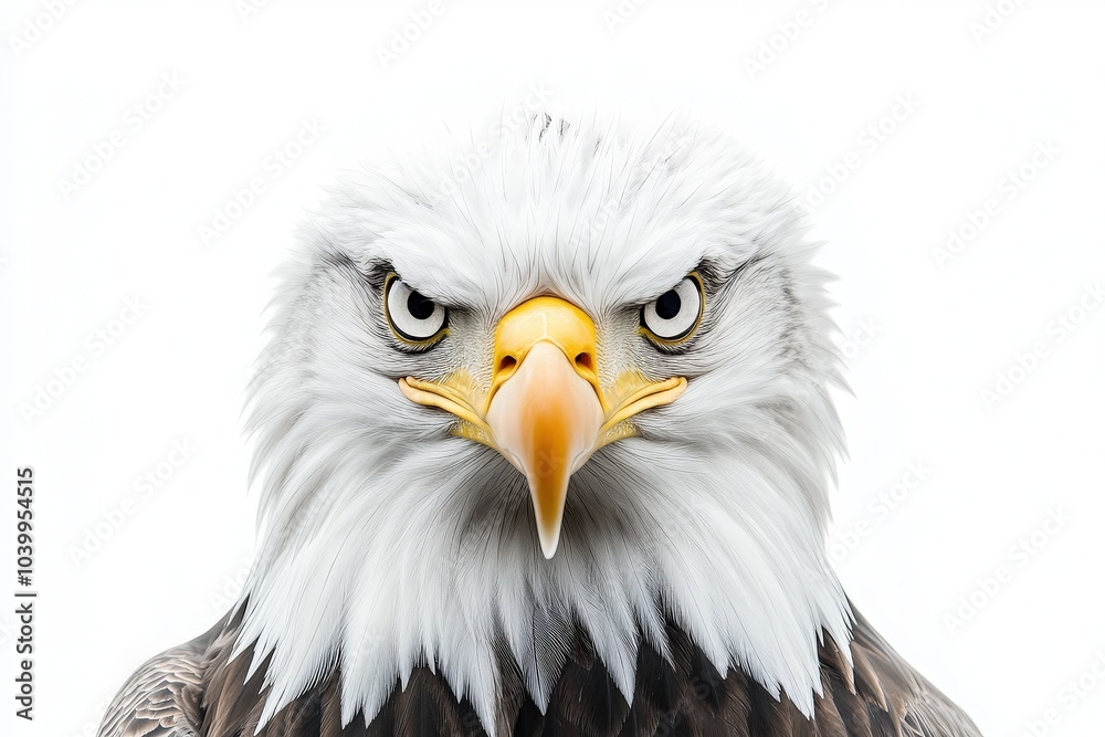 Obraz premium This majestic eagle commands attention with its fierce gaze, sharp beak, and detailed feathers, set against a clean white backdrop, symbolizing strength and freedom.
