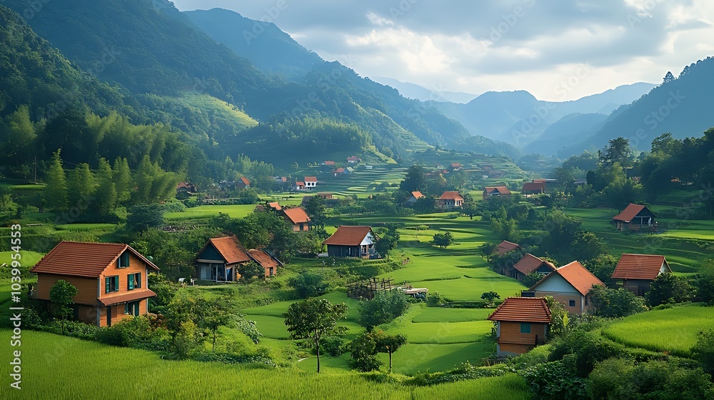A picturesque village nestled among lush green hills and rice paddies. A picturesque village nestled among lush green hills and rice paddies.