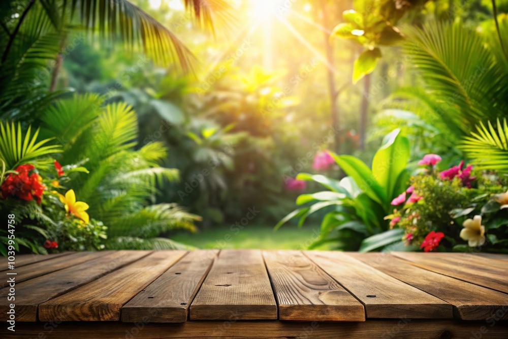 Empty Wooden Table with Tropical Trees and Flowers for Product Placement - Urban Exploration Photography Empty Wooden Table with Tropical Trees and Flowers for Product Placement - Urban Exploration Photography