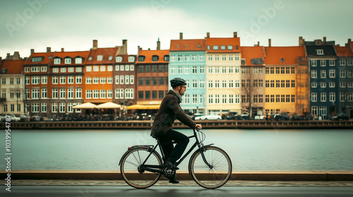 People bicycles, the ancient European city of Copenhagen, Denmark. Morning light and silhouettes, beautiful downtown