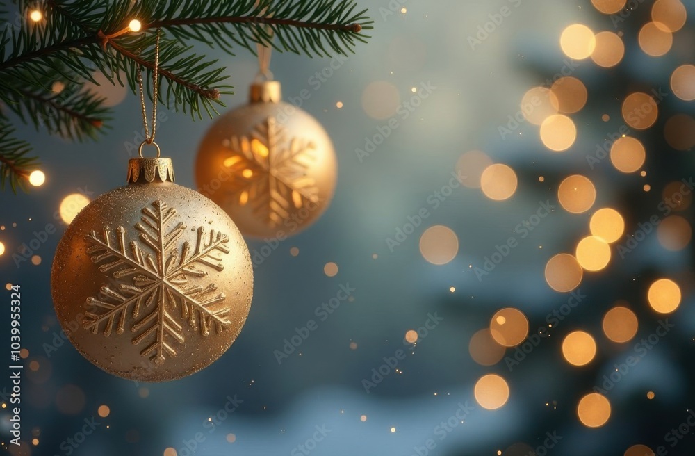 Golden Christmas baubles hanging from a fir tree branch. Happy new year celebration