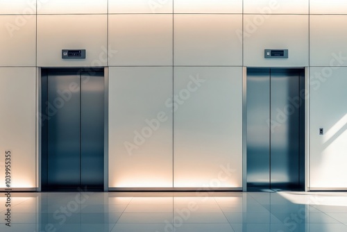 The sophisticated elevator doors blend seamlessly into the minimalist architecture, highlighted by soft lighting. This design promotes a sleek and contemporary ambiance in the building.