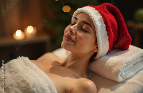 Young woman relaxing on massage table wearing santa hat