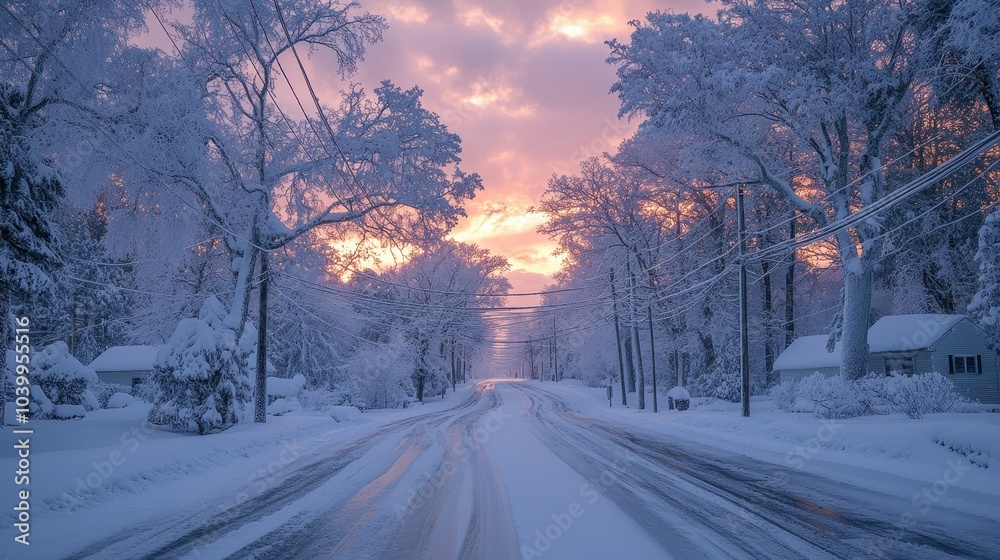 Serene winter road at dusk a tranquil journey through snow-covered landscapes Serene winter road at dusk a tranquil journey through snow-covered landscapes