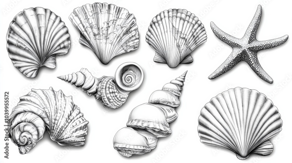 Assortment of Seashells and Starfish in Grid Pattern with Nine Different Types and Vintage Black and White Look Assortment of Seashells and Starfish in Grid Pattern with Nine Different Types and Vintage Black and White Look