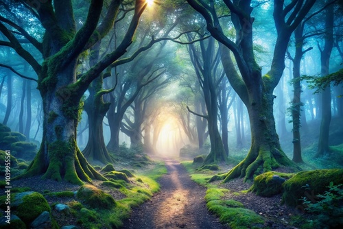 Enchanted Mystical Forest Pathway: Ominous Light and Shadows in a Dreamlike Setting for Product Photography