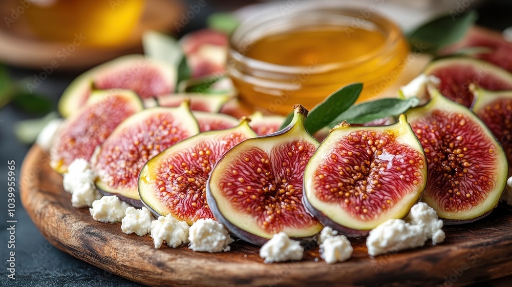 Delicious figs with honey and cheese on a rustic wooden board Delicious figs with honey and cheese on a rustic wooden board