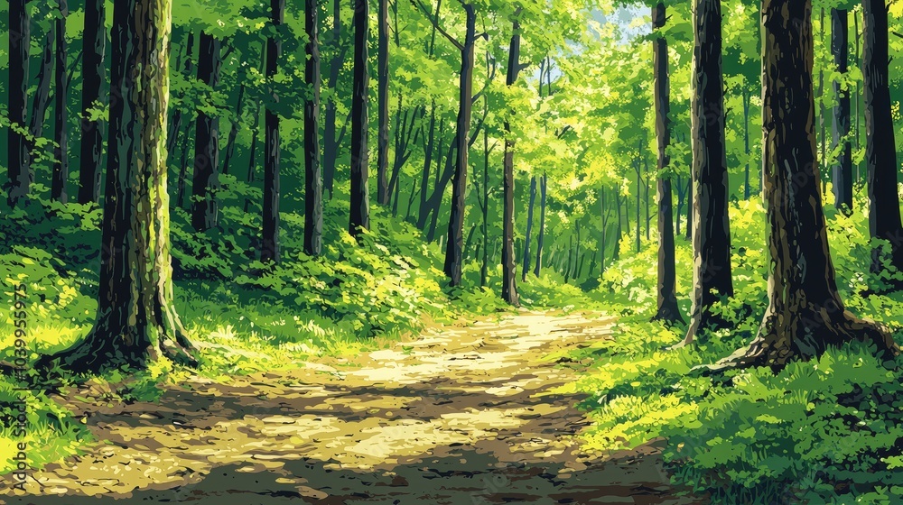 Naklejka premium A sun-dappled path winds through a lush, green forest.