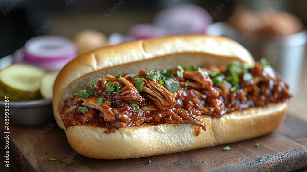 Delicious bbq pulled pork sandwich with fresh herbs and pickles Delicious bbq pulled pork sandwich with fresh herbs and pickles