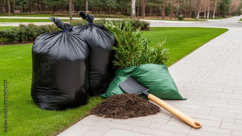 Black plastic bags filled with garden waste sit on the lawn next to an old shovel and a pile of debris from trees