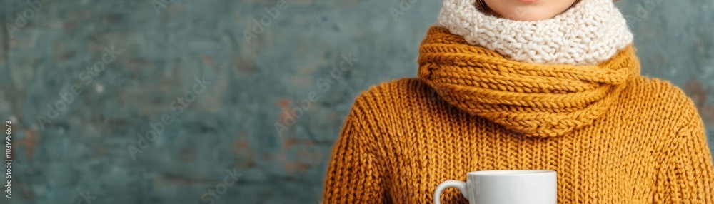 Cozy knitted scarf in warm tones, model enjoying a cup of coffee in a rustic cafe, hygge-inspired, winter fashion, scarf, cozy Cozy knitted scarf in warm tones, model enjoying a cup of coffee in a rustic cafe, hygge-inspired, winter fashion, scarf, cozy