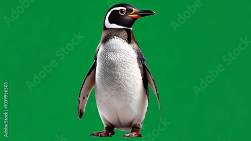 A gentoo penguin is prominently displayed with a curious expression. Green screen.