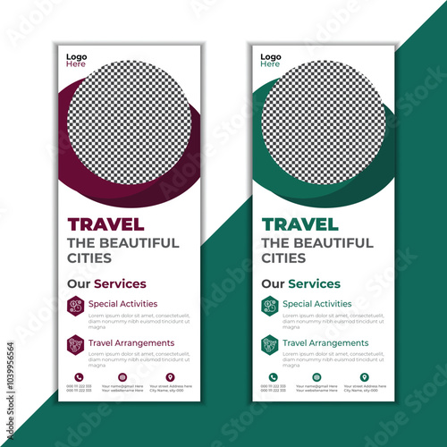 Modern travel rollup banner design template for business, agency.layer organized multipurpose use retractable outdoor pullup