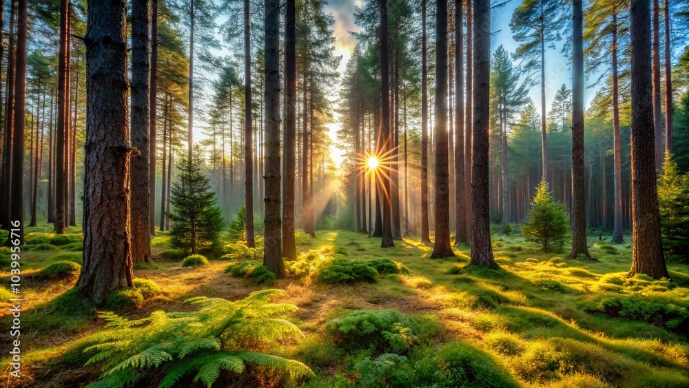 Naklejka premium Enchanting Coniferous Forest with Sunlight Filtering through Lush Green Canopies