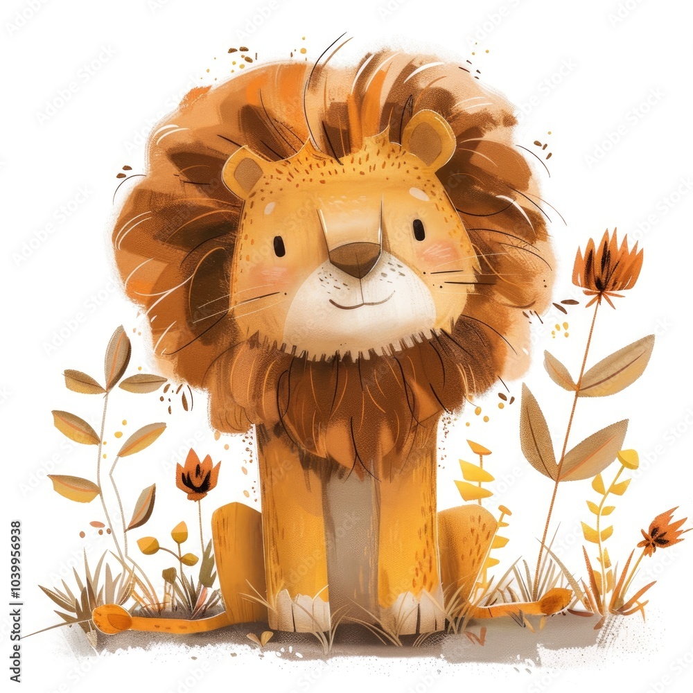 Cute Illustrated Lion Cub with Floral Elements on a White Background
