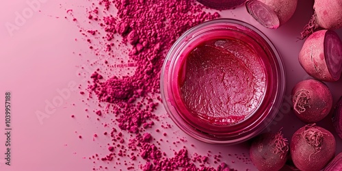 A lip balm container adorned with beetroots is shown from above and up with lettering spaced against a soft red backdrop, Generative AI.