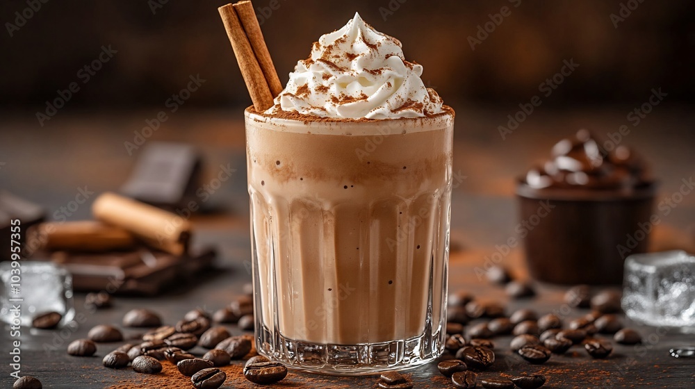 Fulllength view of delicious coffee milkshake glass topped whipped cream ice cubes and a cinnamon stick Surrounding the glass are coffee beans chocolate sauce and water droplets for a refreshing look Fulllength view of delicious coffee milkshake glass topped whipped cream ice cubes and a cinnamon stick Surrounding the glass are coffee beans chocolate sauce and water droplets for a refreshing look