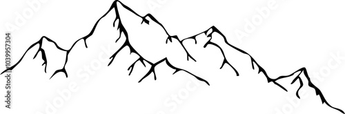 Mountain ridge, snowy peak, line wild nature. Hand drawn landscape, map line contour. Rocky mountains landscape design, icon