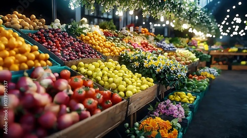 An outdoor farmer's market filled with fresh spring produce and flowers