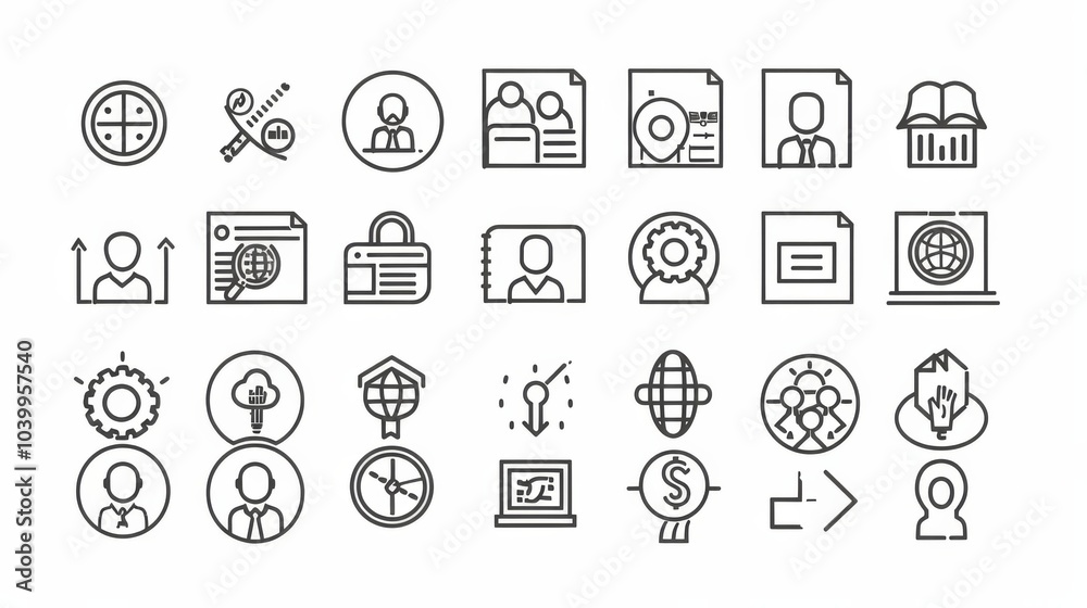 Collection of icons including a book, a globe, a key, a person, and a computer Collection of icons including a book, a globe, a key, a person, and a computer